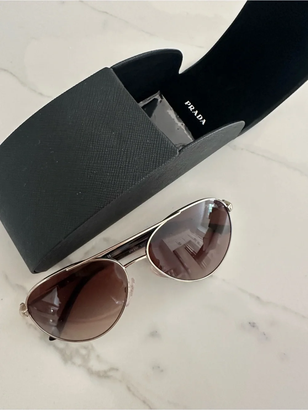 Prada Woman’s Aviator Sunglasses - Gold Frame with Brown Lenses NIB